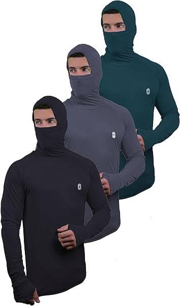 Kit 3 Camisetas Skube Com Mascara e Capuz Protecao UV 50+ Dry Fit Segunda Pele Manga Longa Dedeira